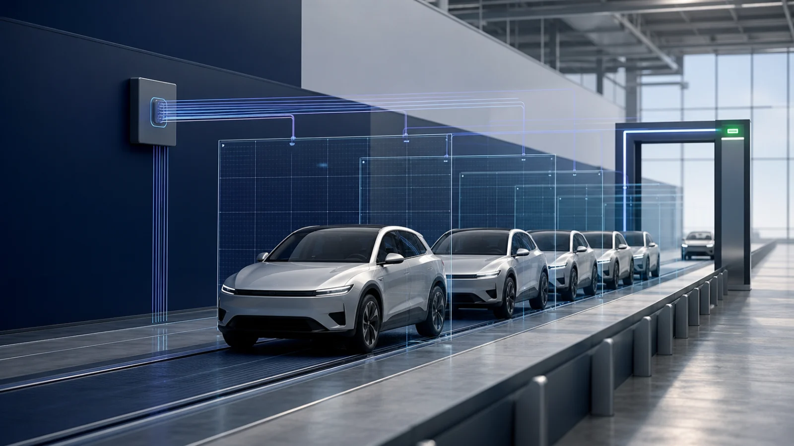 Digitale Darstellung einer kontrollierten Fahrzeugproduktion unter einem präzisen Prüfraster